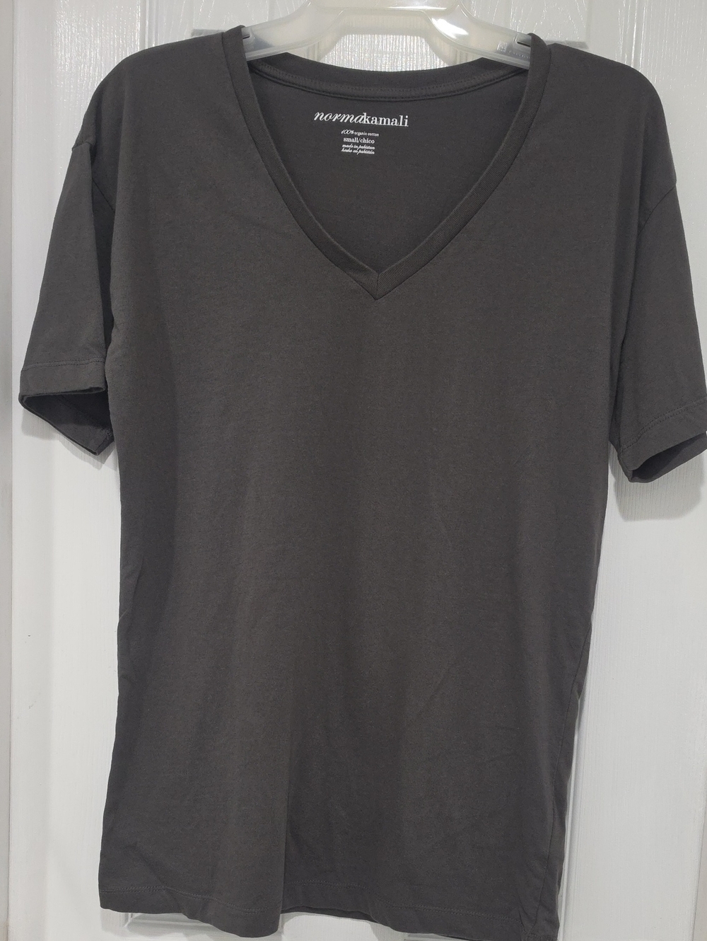 Norma Kamali Short-Sleeve V-Neck Tee in Charcoal Gray